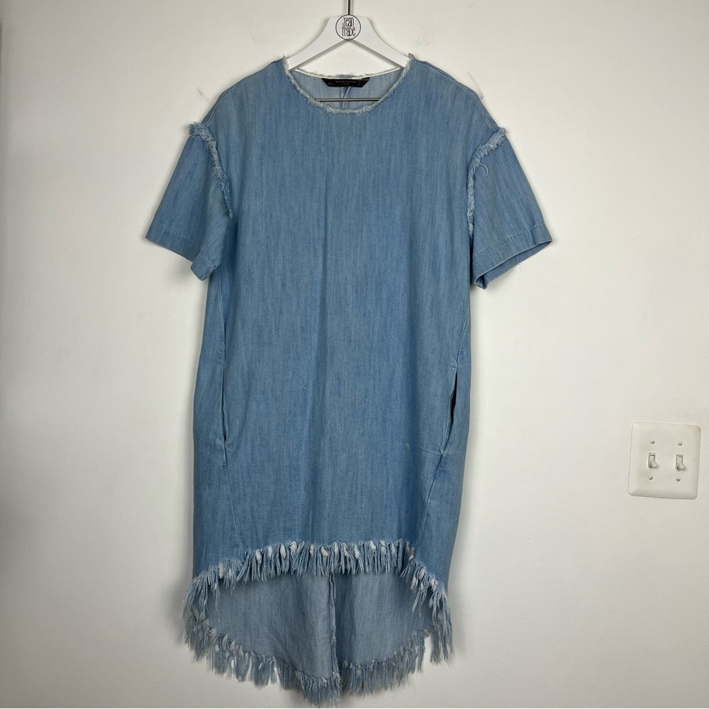 Zara Trafaluc Collection Chambray Short Sleeve Raw Hem High Low Denim Dress